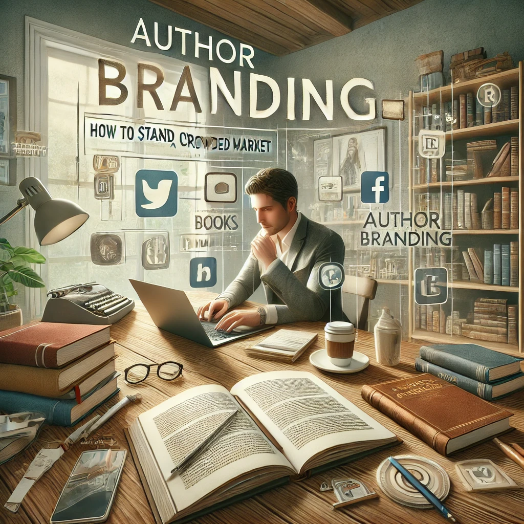 DALL·E 2024-10-16 00.40.06 - A realistic image of a professional author at a desk, engaged in branding activities