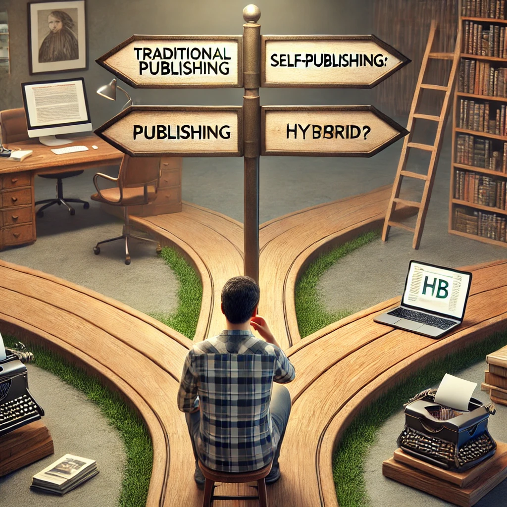 DALL·E 2024-10-16 03.59.38 - A realistic, attention-grabbing image for a blog post titled 'How to Choose the Right Publishing Route_ Traditional, Self-Publishing, or Hybrid_'