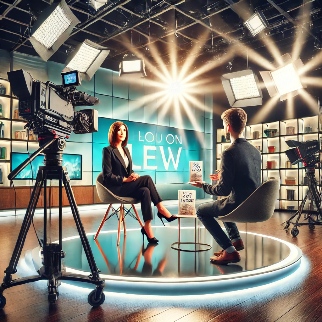 DALL·E 2024-10-25 02.33.04 - A professional author being interviewed on a modern television set, surrounded by bright studio lights and cameras