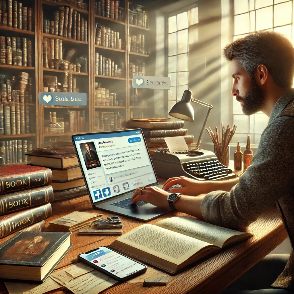 A hyper-realistic image of an author sitting at a desk, typing on a laptop surrounded by books and notes. The author is engaged with their social media accounts displayed on the laptop, including a book cover and social media interactions. A bookshelf filled with books stands behind the author, and natural light streams in through a window, creating a warm, inviting, and professional atmosphere. The scene captures the blend of creativity, productivity, and digital engagement central to a modern author's work.